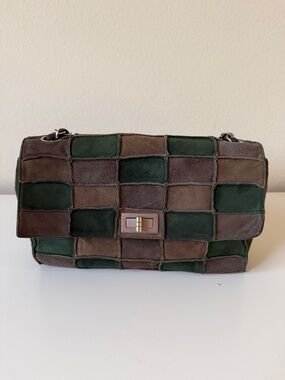 CHANEL Vintage Patchwork Suede Shoulder Bag in Brown and Forest Green